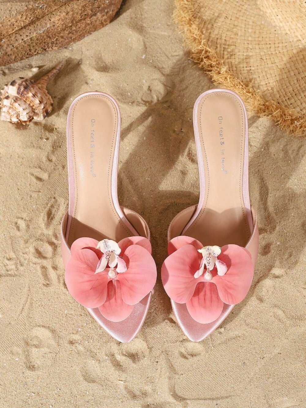 Pink Women'sElegant Flower Decor Satin Open-Toe High Heel Mules Sandals - Picture 6 of 7